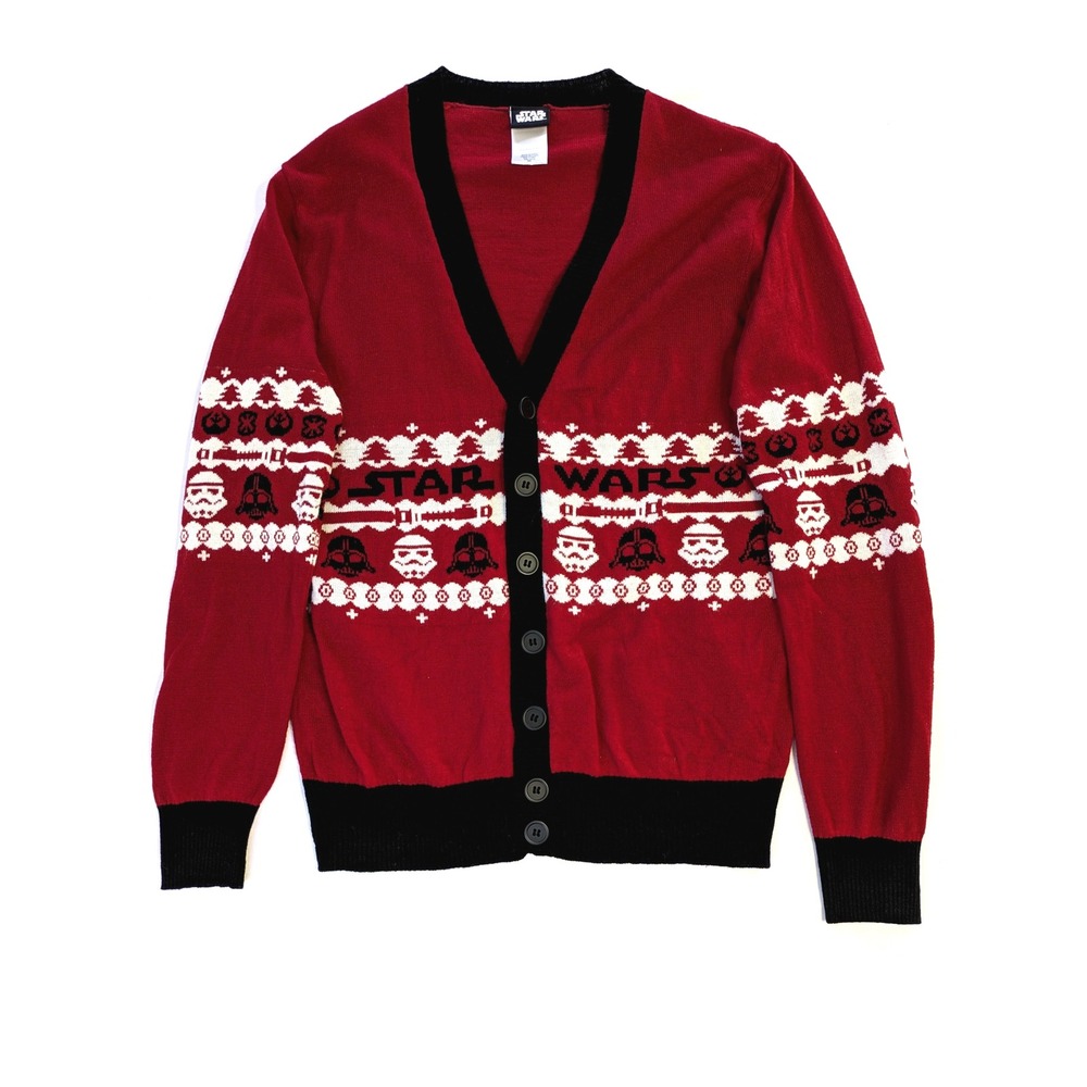 Star Wars Mens Red Fair Isle Darth Vader Stormtrooper Holiday Cardigan Sweater M